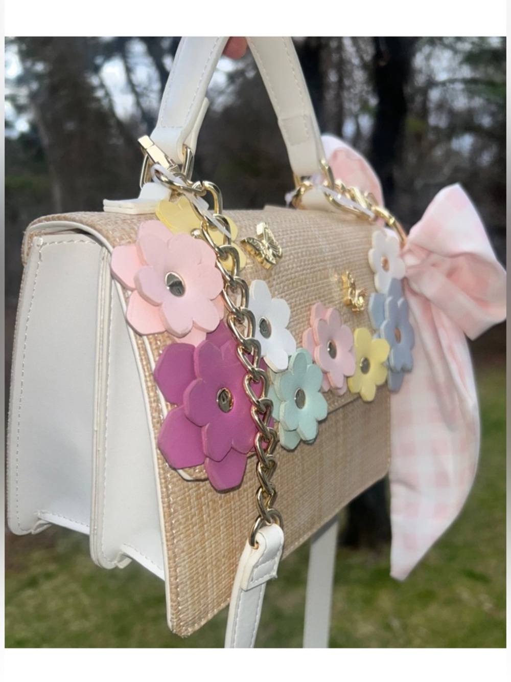 NEW! NWT BETSEY JOHNSON XOMYLO2 Wicker Floral Butterfly Satchel Bag Beige Multi - Picture 3 of 11